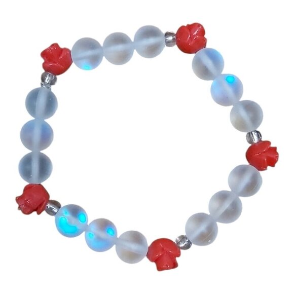 Handmade 7 Inch Rose Buds & Moon Crystal Bead Bracelet | Glass Spacer Slip-On - Picture 1 of 4